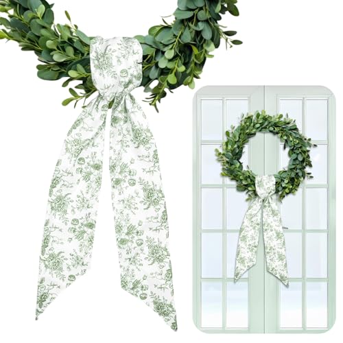 Green Floral Wreath Sash 2 Pcs Chinoiserie Garland Ribbon for Front Door Decor