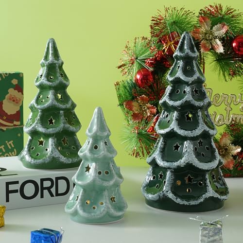 Luxstyra Green Ceramic Christmas Tree with Lights & Timer - Set of 3