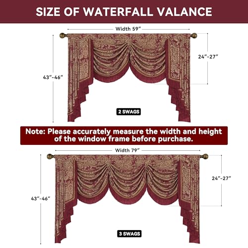 Loom and Mill Burgundy Waterfall Valance 59"W x 45"L - Elegant Jacquard Window Treatment