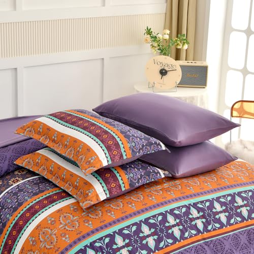 Queen Boho Comforter Set 7-Piece - Purple Paisley Microfiber Bedding Set