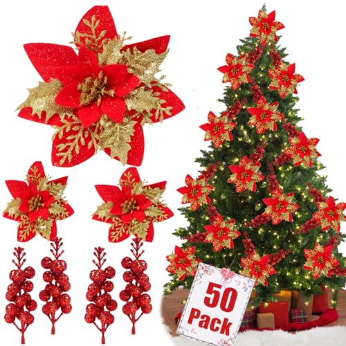 Trytuny 50pcs Glitter Poinsettia Ornaments with Clips Red - DIY Wreath & Christmas Tree Flowers
