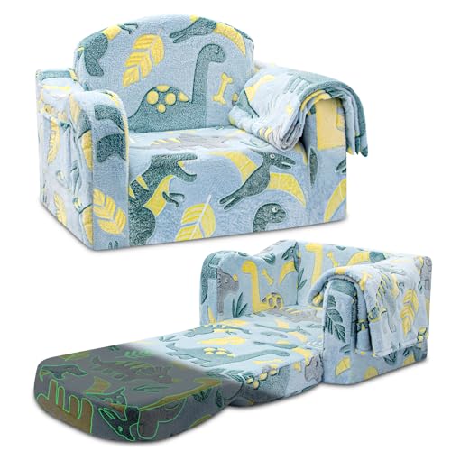 2-in-1 Foldable Kids Sofa Chair & Couch with Blanket - Green Dinosaur