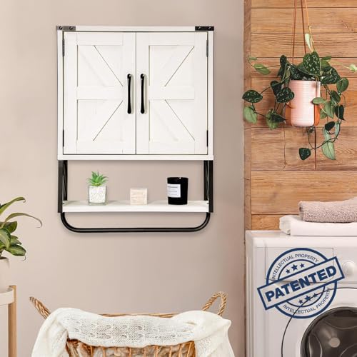 Farmhouse Medicine Cabinet with Barn Doors and Towel Rack, Wood Wall Storage