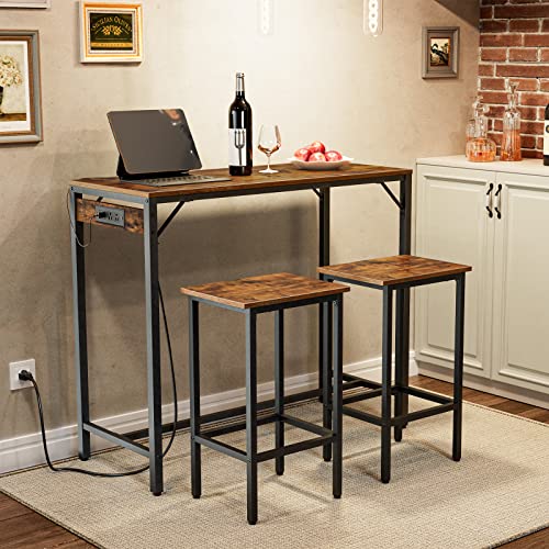 3-Piece Industrial Bar Table Set with Power Outlets and 2 Stools