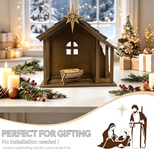 Fangoo 12'' Wooden Nativity Scene Stable with Roof Star & String Lights