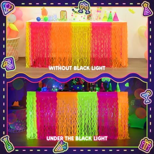 Neon Foil Fringe Table Skirts, 2 Pack Glow in the Dark Party Decorations