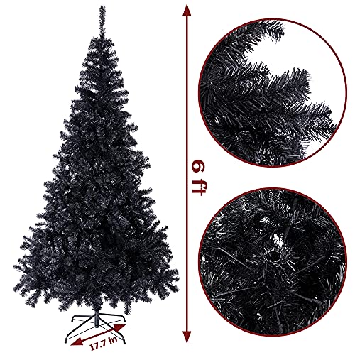 6 Ft Black Artificial Christmas Tree with Metal Stand & 1000 PVC Tips