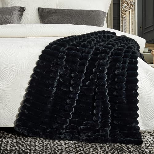 Cozy Bliss Faux Fur Throw Blanket for Couch - Soft Plush Striped, 50x60 Black