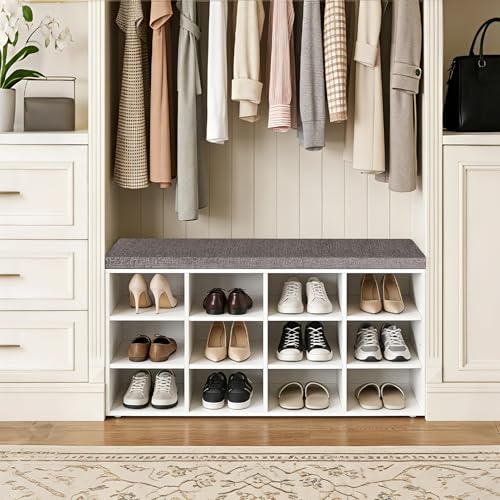 41-Inch Shoe Storage Bench with Washable Cushion, 12-Cubby Entryway Rack