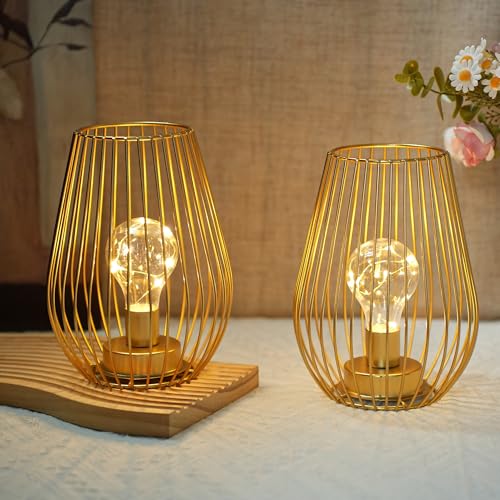 TRIROCKS Gold Metal Cordless Table Lamp Set of 2 - Cage-Shaped Battery Operated Fairy Lights for Indoor & Outdoor Decor