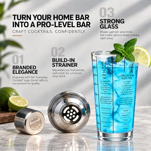 14 oz Glass Cocktail Shaker with Built-in Strainer & Recipes - Professional Bar Tool