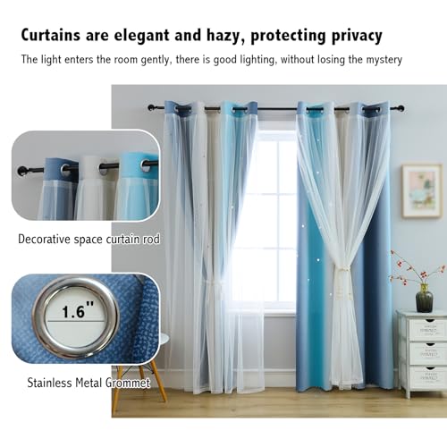 Double Layer Star Blackout Curtain with Sheer Overlay, 52 x 63 Inch