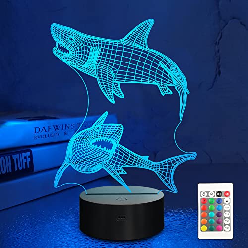 3D Shark Night Light for Kids, 16-Color LED Illusion Lamp with Remote