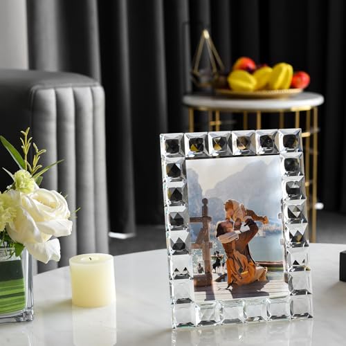 kitCom 5x7 Inch Crystal Photo Frame with Grid Diamond Craft - Keepsake Wedding Decor, Tabletop Display, Gift Box