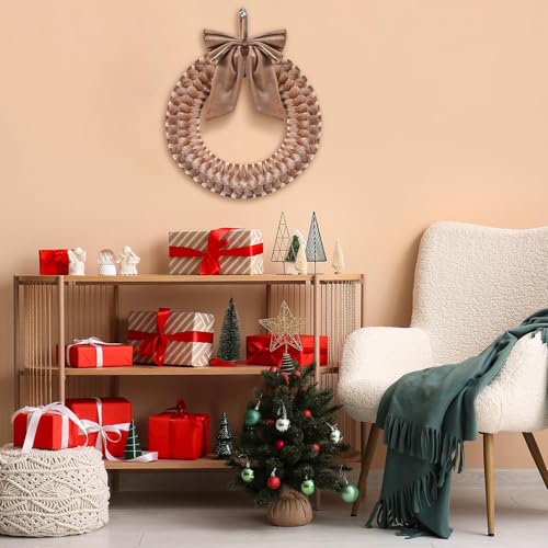 14-Inch Brown Velvet Christmas Wreath with Bow for Front Door Decor
