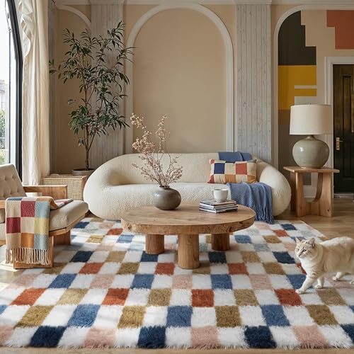 8x10 Checkered Area Rug, Soft Fluffy Shag Carpet for Living Room & Bedroom