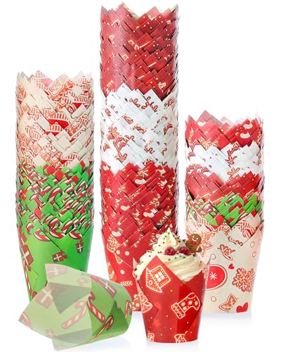 Reallnaive 500-count Tulip Cupcake Liners Christmas Patterns – Greaseproof Bake Cups, 2.17in x 3in (Variation: Cute)