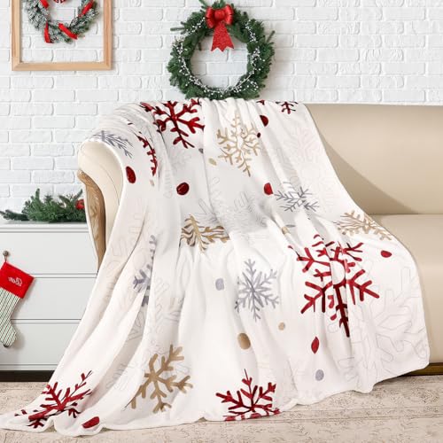 Christmas Snowflake Fleece Throw Blanket 50" x 60" - Red/Gold Snowflake decorative cozy