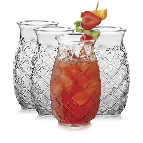 Pineapple Tiki Glasses, 17 oz Tropical Cocktail Drinkware Set of 4