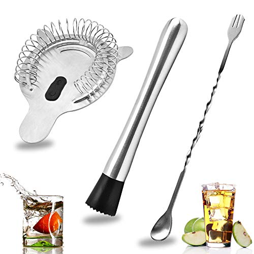 SENHAI Stainless Steel Cocktail Muddler Set with Strainer & Mixing Spoon