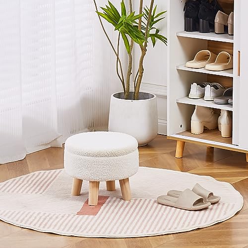 Round Teddy Velvet Storage Ottoman with Wood Legs, Cream Footstool