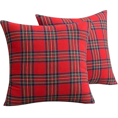 Red Checked Plaid Throw Pillow Covers 17" Square Set of 2 Fall Holiday Home Decor