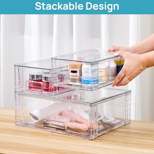 Clear Stackable Storage Drawers 3-Pack Wide Organizer Set