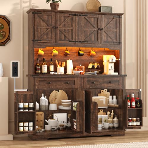 71-Inch Farmhouse Kitchen Pantry Cabinet with Power Outlet and LED Lighting