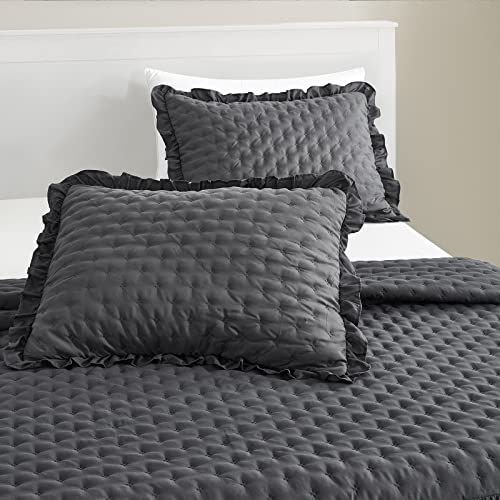 King Size Ruffle Skirt Bedspread 3-Piece Set with 30" Drop, Dark Grey