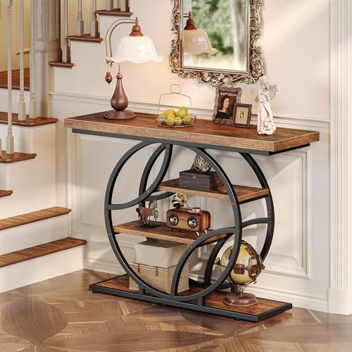 Huuger Rustic Brown Entryway Table 41.3 Inch with Curved Metal Frame, 11.8"D x 41.3"W x 31.5"H
