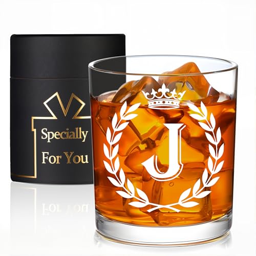 Personalized Whiskey Glass with Letter J Initial - Transparent 10 OZ Old Fashioned Gift for Men