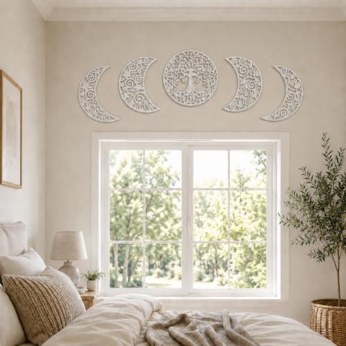 5-Piece Moon Phase Wall Art Set, 3D Hollow Carved Wooden Botanical Decor