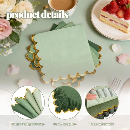 Mealivos 100 Pack Gold Green Disposable Cocktail Napkins 5x5 Inches 2-Ply Scalloped Edges for Weddings & Parties