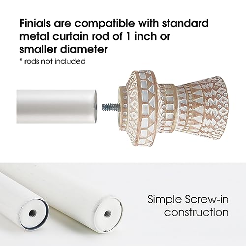 Boho Carved Curtain Rod Finials, White-washed Polyresin, Set of 2