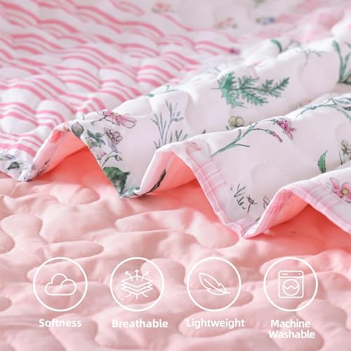 YIKUSH Pink Floral Quilt Set Queen Size - 3 Piece Lightweight Bedspread
