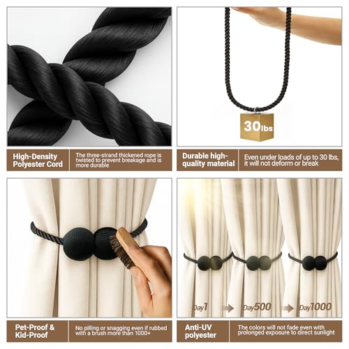 Magnetic Curtain Tiebacks - 2 Pack No-Drill Decorative Drape Clips (Black)
