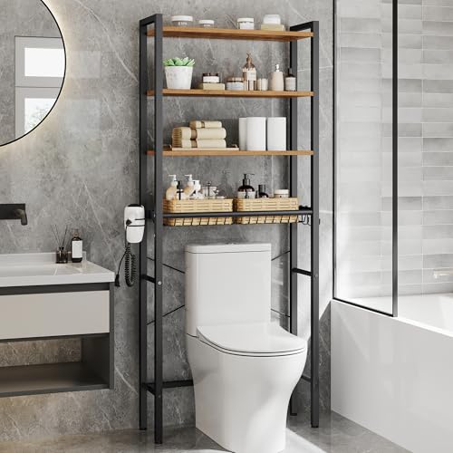 Over-the-Toilet Bathroom Storage Rack with Adjustable Shelves and Basket