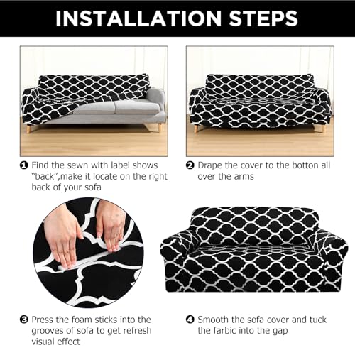 Stretch Sofa Cover Set - 3 Pcs Black Slipcovers for Sofa, Loveseat & Armchair