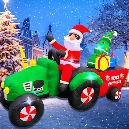 7FT Christmas Inflatable Santa Driving Tractor with Gifts & Lights