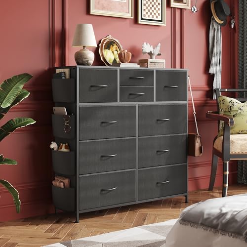10-Drawer Fabric Dresser with Steel Frame, Side Pockets and Hooks