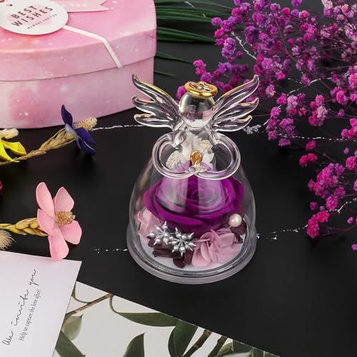 Preserved Rose in Glass Angel Figurine - Lasting Keepsake for Women