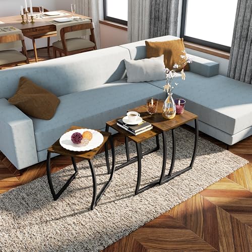 3-Piece Nesting End Table Set, Rustic Wood and Metal Stacking Tables