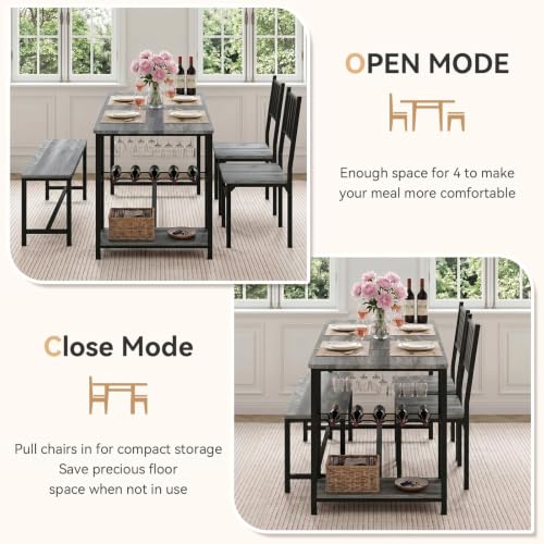 55-Inch Dining Table Set for 4 with Bench, Wine Rack & Storage Shelves