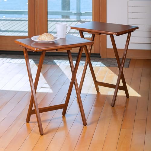 2-Piece Foldable Snack Table Set, Walnut Wood Portable TV Tray Tables