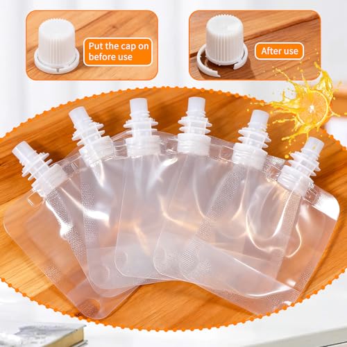 50ml Reusable Plastic Drink Pouches Bulk with Funnels - Leakproof Juice Bags for Travel, Food-Grade, Clear, 100 pcs