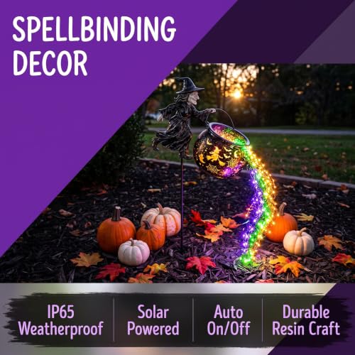 Halloween Flying Witch Cauldron Garden Stake Light with LED Projector
