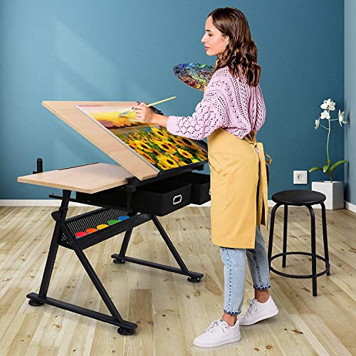 Adjustable Drafting Table with 2 Storage Drawers and Stool