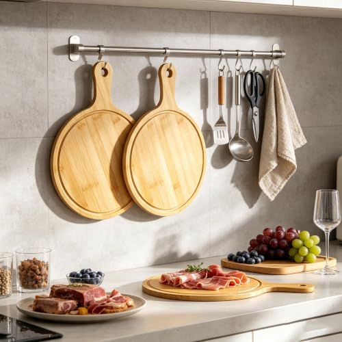 Benhurb 10-Pack Round Bamboo Cutting Boards with Handle, 14.4" x 10.4"
