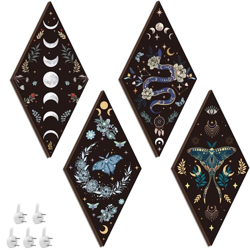 4-Piece Wooden Moon Phase Wall Art Set, Gothic Boho Hanging Decor