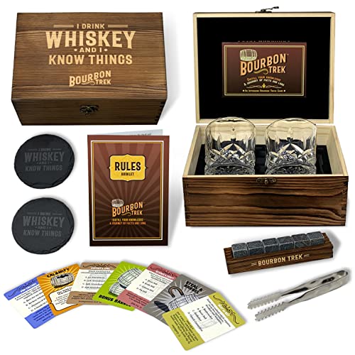 Bourbon Whiskey Gift Set with Glasses Stones Coasters & Trivia - Premium Men’s Barware